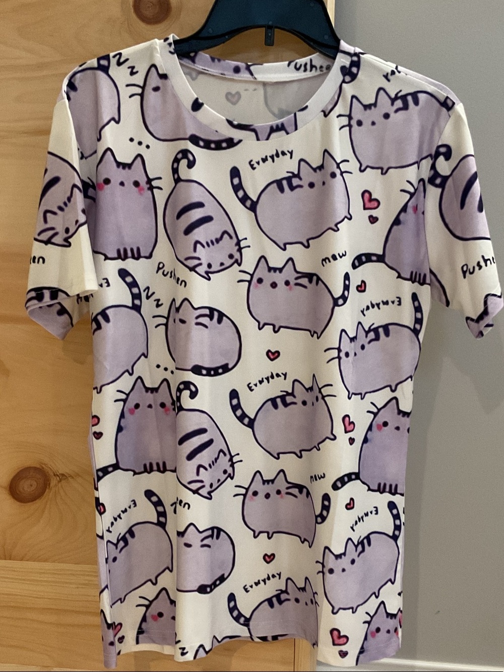 Pusheen white Tee with Lavender Cat Print and Pink Heart Details